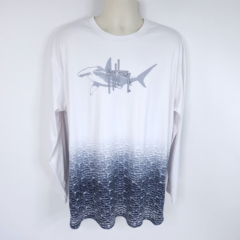 Guy Harvey Hammerheads Shirt Mens XXL Long Sleeve White Gray Fishing